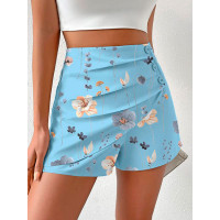 Floral Print Side Button Ruched Shorts - blue