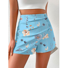 Floral Print Side Button Ruched Shorts - blue