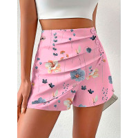 Floral Print Side Button Ruched Shorts - pink