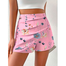 Floral Print Side Button Ruched Shorts - pink