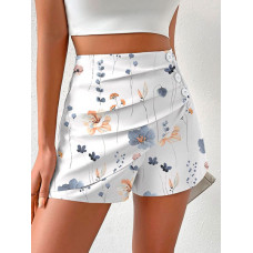 Floral Print Side Button Ruched Shorts - white