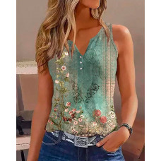 Floral Print Sleeveless Casual Tank Top - green