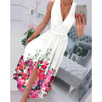 Floral Print Sleeveless Split Thigh Maxi Dress - white