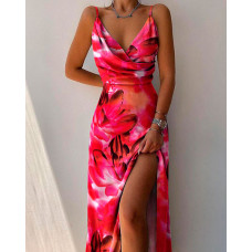 Floral Print Spaghetti Strap Slit Dress - hot pink