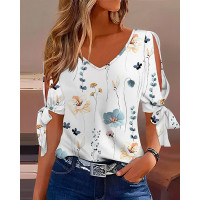 Floral Print Split Sleeve Casual Blouse - white