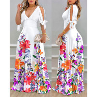 Floral Print Split Sleeve Pearls Decor Maxi Dress - white