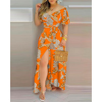 Floral Print Split Thigh Belted Maxi Dress - orange