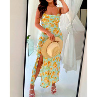 Floral Print Split Thigh Spaghetti Strap Maxi Dress - yellow