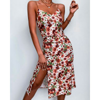 Floral Print Strap Slit Midi Dress - Multicolor