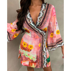 Floral Print Surplice Neck Bell Sleeve Self Tie Dress - Multicolor