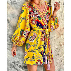 Floral Print Surplice Neck Belted Dress - yellow