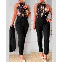 Floral Print Tank Top & High Waist Pants Set With Belt - black