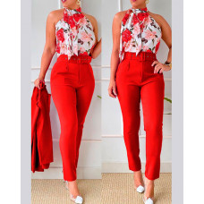 Floral Print Tank Top & High Waist Pants Set With Belt - red