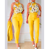 Floral Print Tank Top & High Waist Pants Set With Belt - yellow