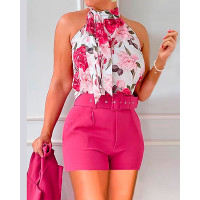 Floral Print Tank Top & High Waist Shorts Set With Belt - hot pink