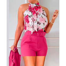 Floral Print Tank Top & High Waist Shorts Set With Belt - hot pink