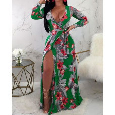 Floral Print Thigh Slit Wrap Maxi Dress - green