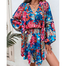 Floral Print Tie Detail Frill Hem Lantern Sleeve Top & Skirt Set - Multicolor