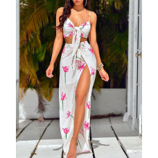 Floral Print Tie Front Crop Top & High Slit Maxi Skirt Set - white