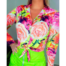 Floral Print Tie Front Long Sleeve Shirt - Multicolor