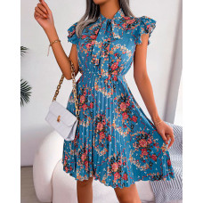 Floral Print Tie Neck Pleated Dress - blue