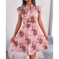 Floral Print Tie Neck Pleated Dress - pink