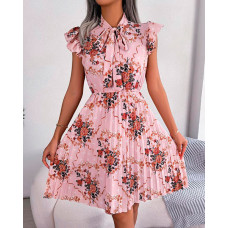 Floral Print Tie Neck Pleated Dress - pink