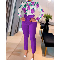 Floral Print Tie Neck Top & Pants Set With Belt - purple