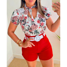 Floral Print Tie Neck Top & Shorts Set - red