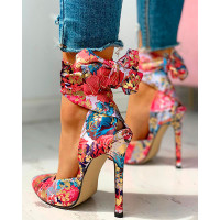 Floral Print Tied Ankle Thin Heels - red