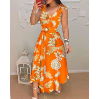 Floral Print Tied Detail Belted Design Maxi Dress - orange