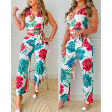 Floral Print Tied Detail Crop Top & Pants Set - white