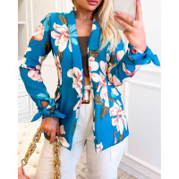 Floral Print Tied Detail Pocket Decor Blazer Coat - blue