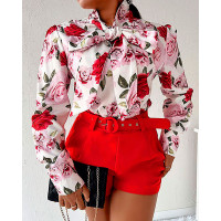 Floral Print Tied Detail Top & High Waist Shorts Set - red