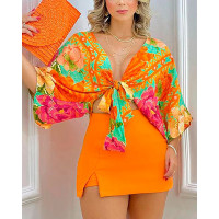 Floral Print Tied Detail Top & Skirt Set - orange