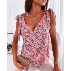 Floral Print Tied Detail V-Neck Tank Top - pink