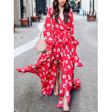 Floral Print Tied Waist Maxi Dress - red