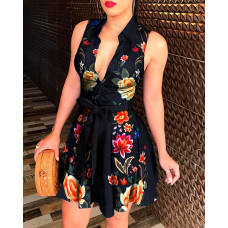 Floral Print Tied Waist Sleeveless Shirt Dress - black