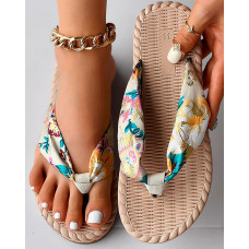 Floral Print Toe Post Beach Flip Flops - beige