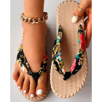 Floral Print Toe Post Beach Flip Flops - black