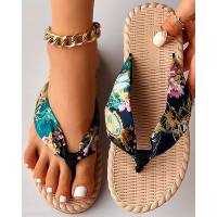 Floral Print Toe Post Beach Flip Flops - blue