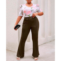 Floral Print Top & Plain Bootcut Pants Set - Army green