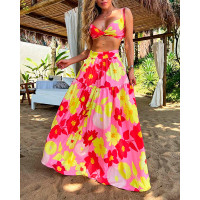 Floral Print Twist Crop Top & Maxi Skirt Set - Multicolor