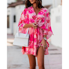 Floral Print Twist Design Casual Dress - pink