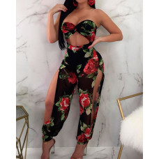 Floral Print Twist Front Cutout Slit Leg Jumpsuits - black