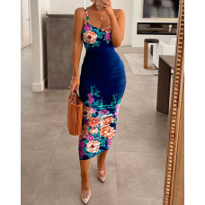 Floral Print U-Neck Ruched Bodycon Dress - blue