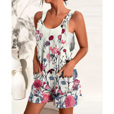 Floral Print U-Neck Sleeveless Tied Detail Romper - white