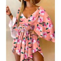 Floral Print V-Neck Batwing Sleeve Shirred Waist Mini Dress - pink