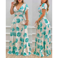 Floral Print V-Neck Bell Sleeve Maxi Dress - blue