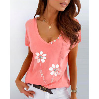 Floral Print V-Neck Button Decor T-shirt - pink